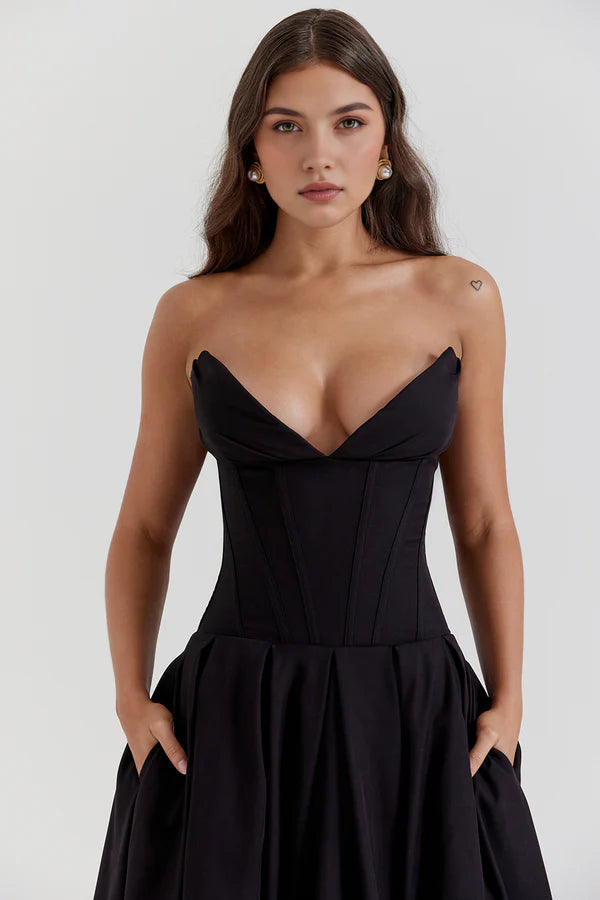 Korzetové midi šaty bez ramínek LIA | Elegantní společenské šaty
