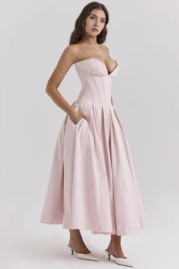 Korzetové midi šaty bez ramínek LIA | Elegantní společenské šaty