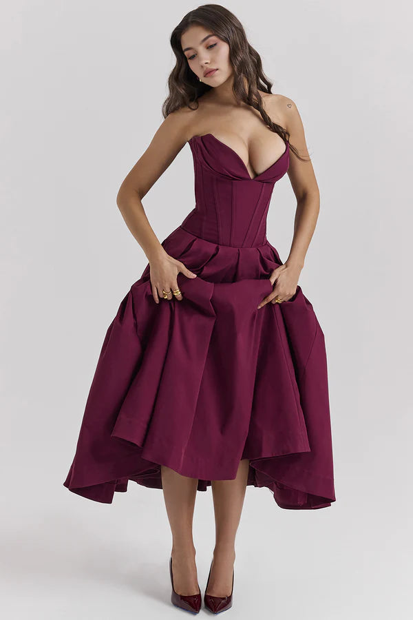 Korzetové midi šaty bez ramínek LIA | Elegantní společenské šaty